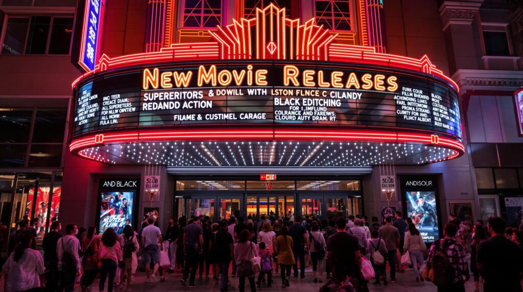 Diverse crowd at 2025 movie theater under neon 'New Movie Releases' marquee
